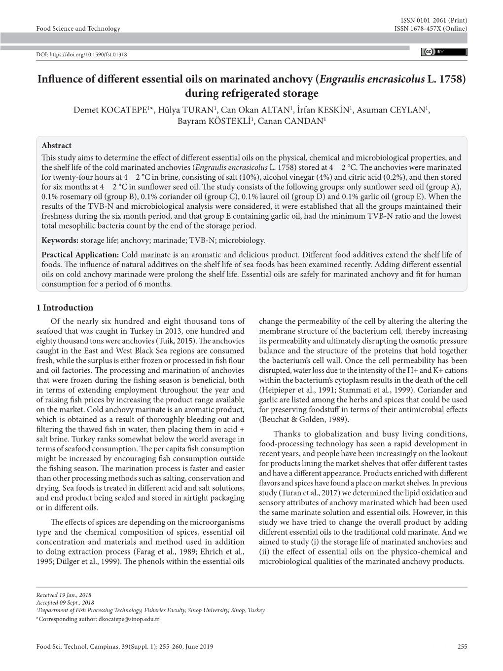 Influence of Different Essential Oils on Marinated Anchovy (Engraulis Encrasicolus L