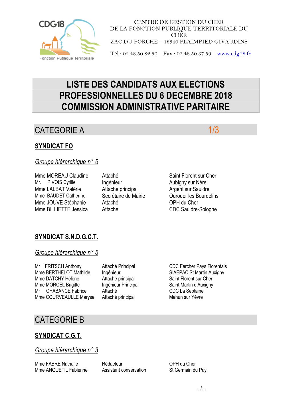 Liste Des Candidats Aux Elections Professionnelles Du 6 Decembre 2018 Commission Administrative Paritaire