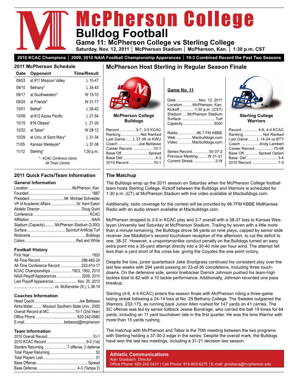 Bulldog Football Game 11: Mcpherson College Vs Sterling College Saturday, Nov