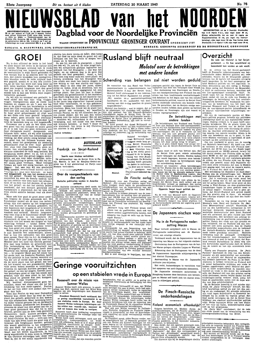Nieuwsblad Van Het Noorden Van Zaterdag 30 Maart 1940 Eerste Blad