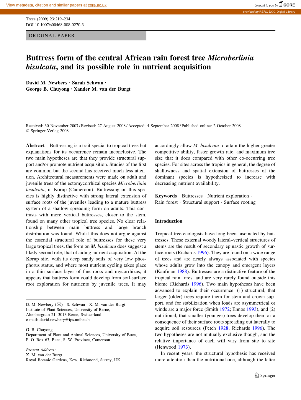 Buttress Form of the Central African Rain Forest Tree Microberlinia Bisulcata, and Its Possible Role in Nutrient Acquisition