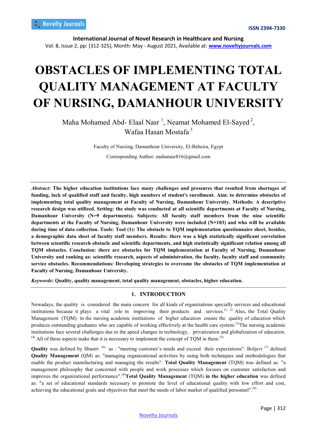 Obstacles of Implementing Total Quality Management at Faculty of Nursing, Damanhour University