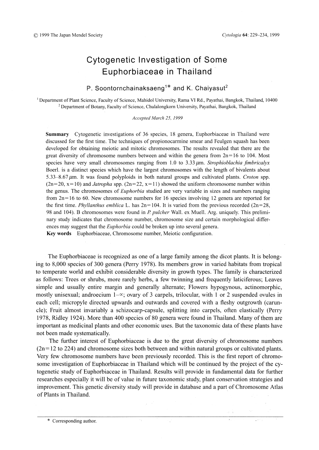 Cytogenetic Investigation of Some Euphorbiaceae in Thailand