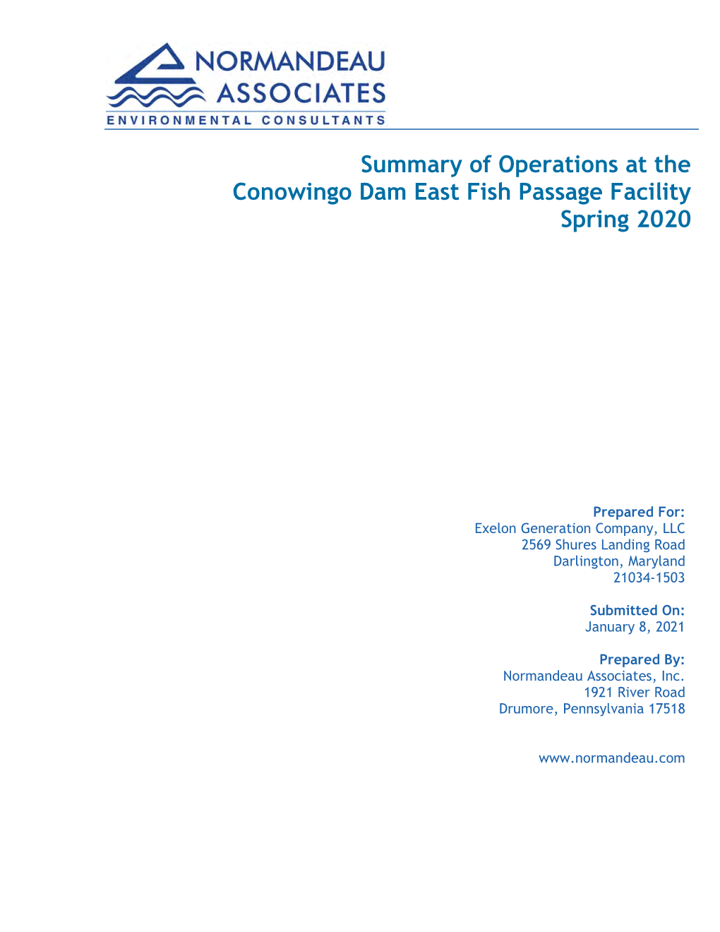 Summary of Operations at the Conowingo Dam East Fish Passage Facility Spring 2020