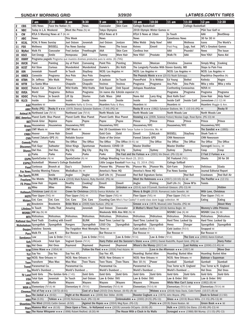 Sunday Morning Grid 3/29/20 Latimes.Com/Tv Times