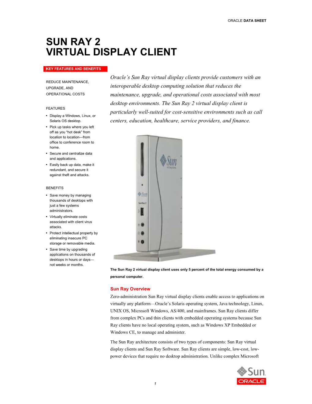 Sun Ray 2 Virtual Display Client Data Sheet