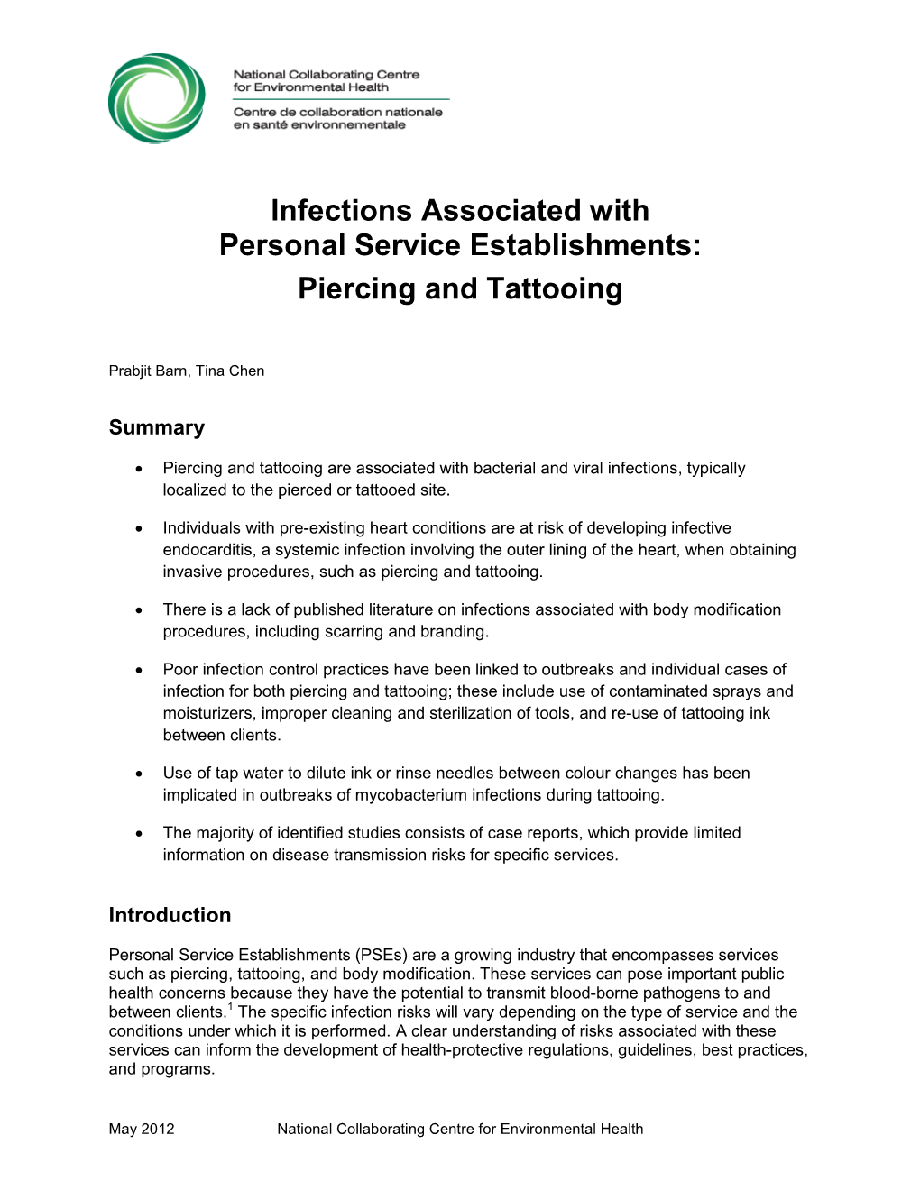 Infections Associated with Personal Service Establishments: Piercing and Tattooing