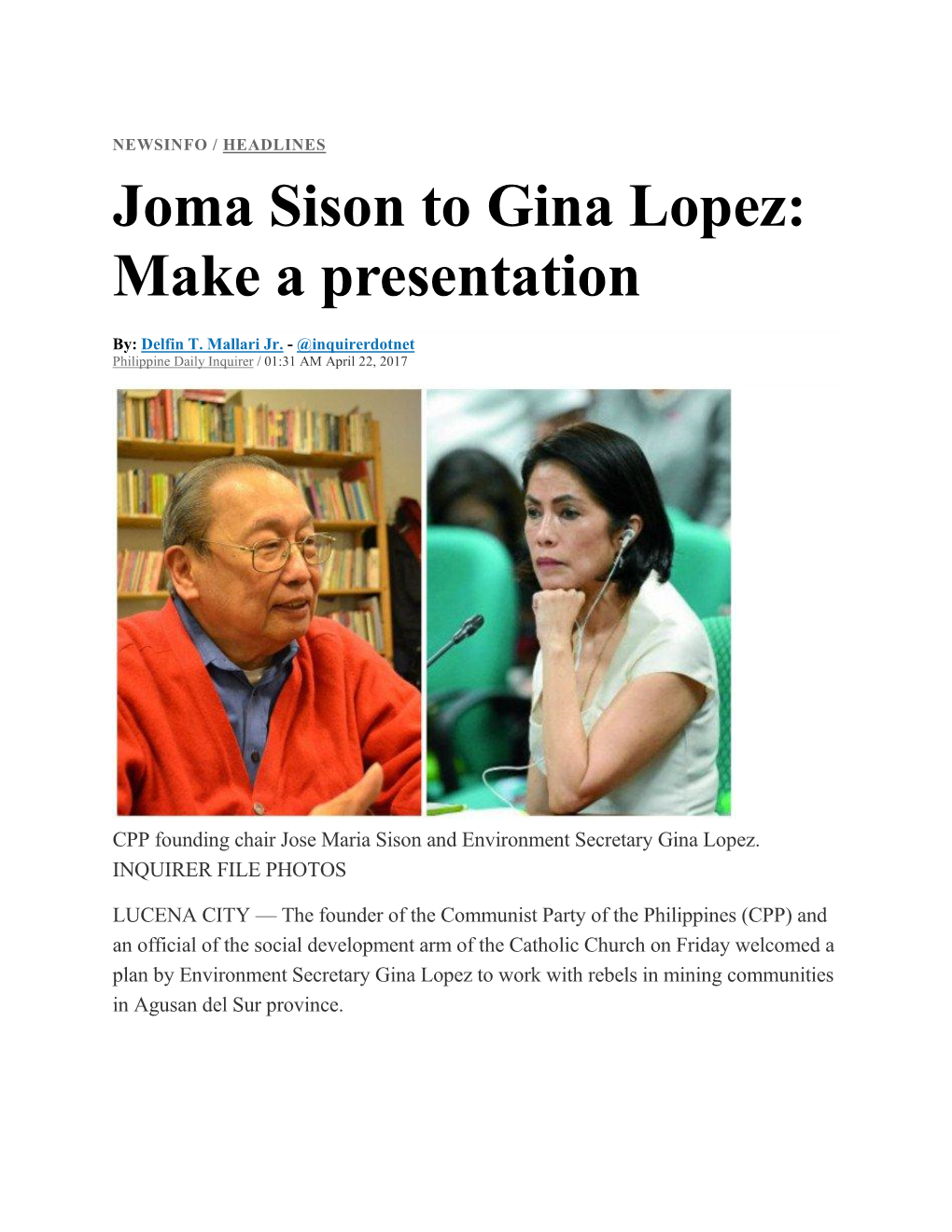 Joma Sison to Gina Lopez: Make a Presentation