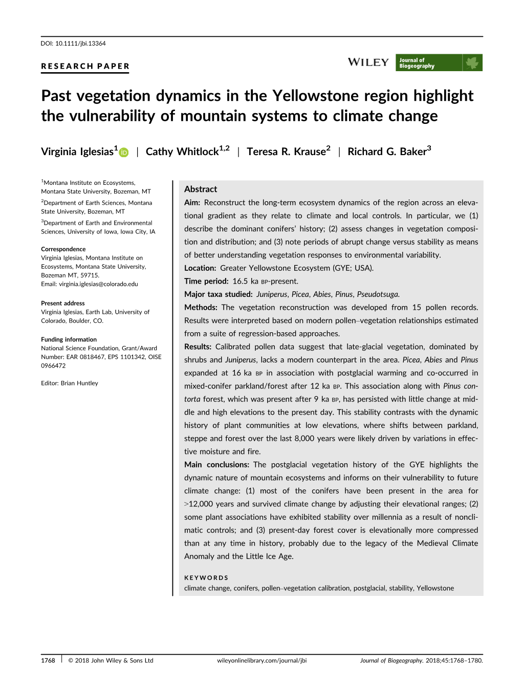 Past Vegetation Dynamics in the Yellowstone Region Highlight the Vulnerability of Mountain Systems to Climate Change