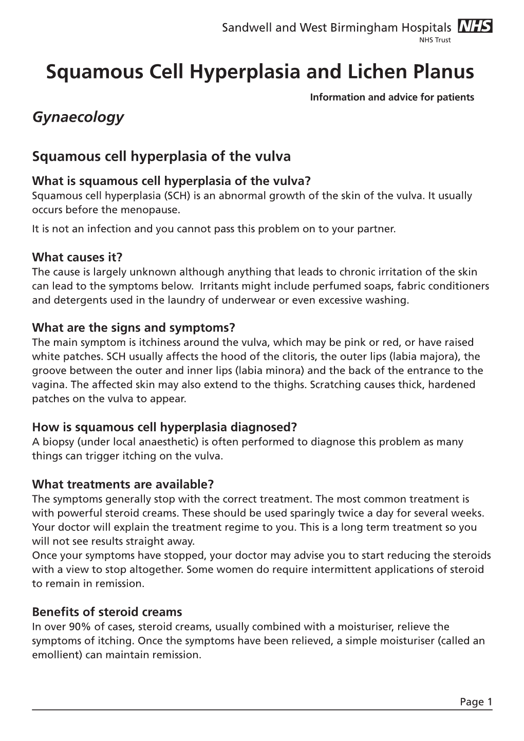 Squamous Cell Hyperplasia and Lichen Planus Information and Advice for Patients Gynaecology