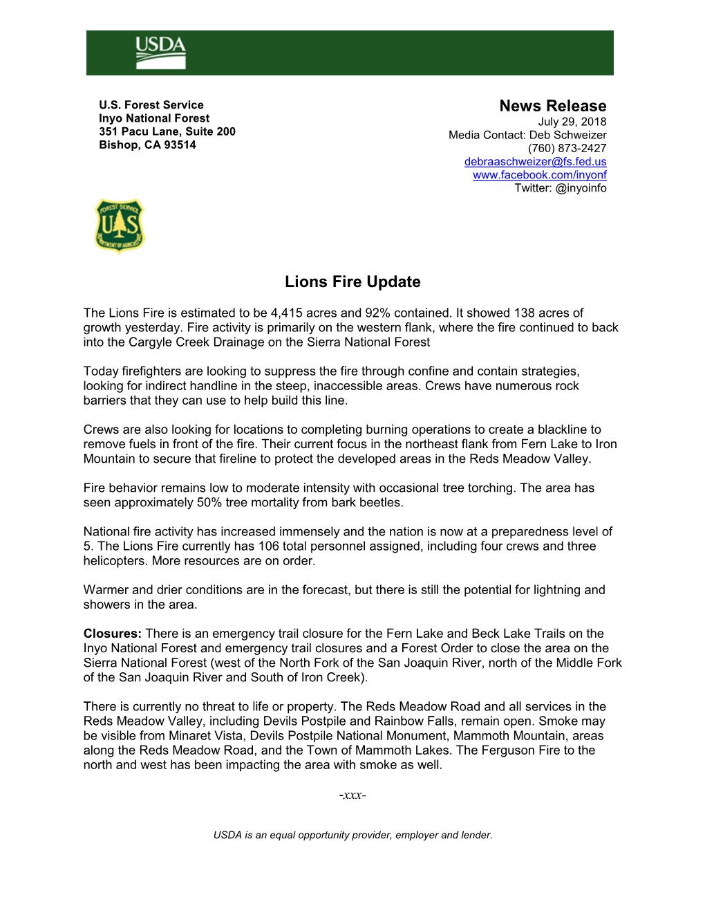 News Release Lions Fire Update