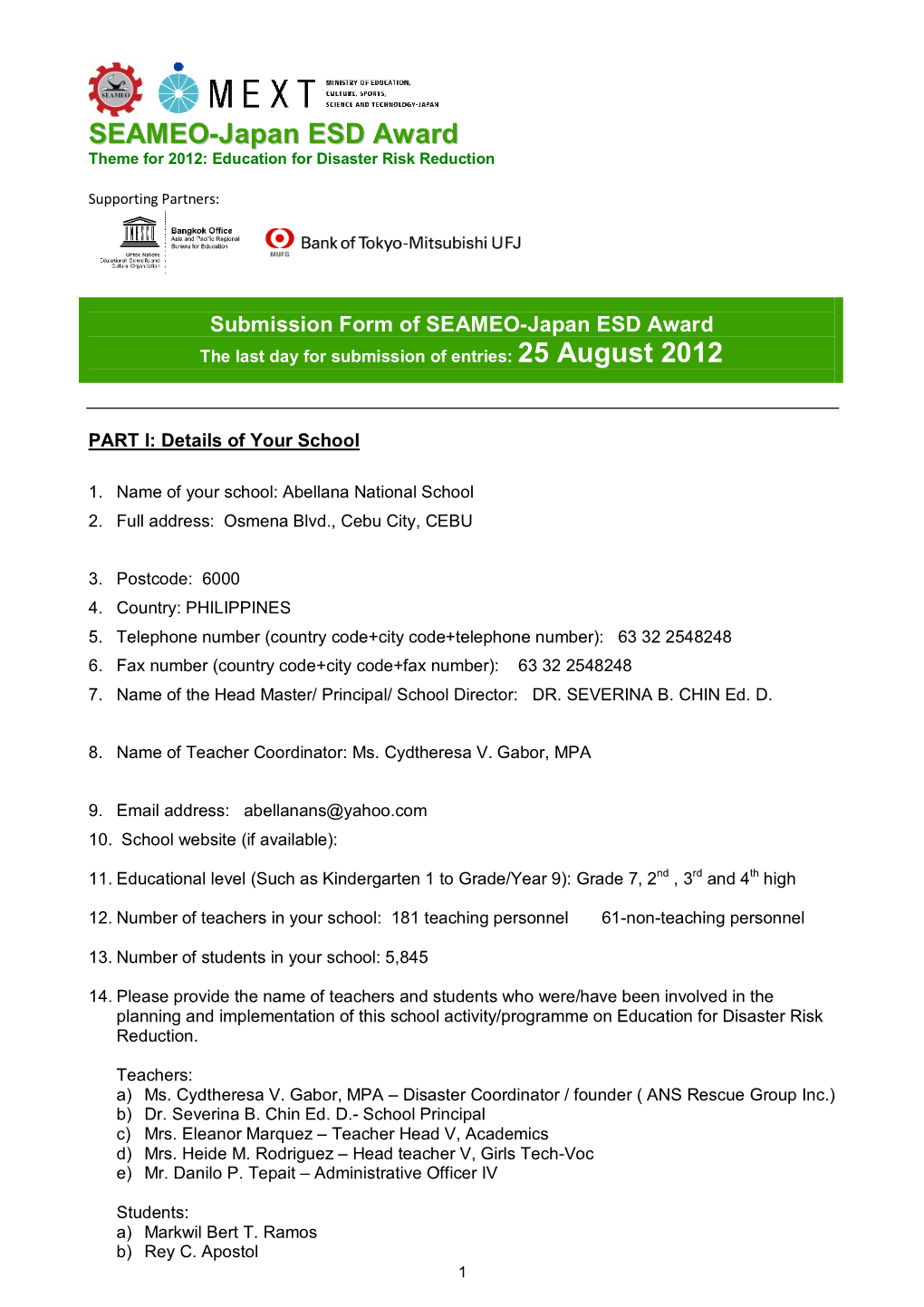 Submission Form SEAMEO-Japan ESD Award