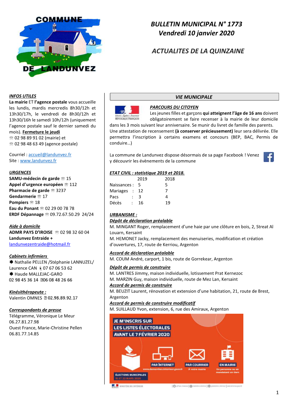 BULLETIN MUNICIPAL N° 1773 Vendredi 10 Janvier 2020 ACTUALITES DE LA QUINZAINE