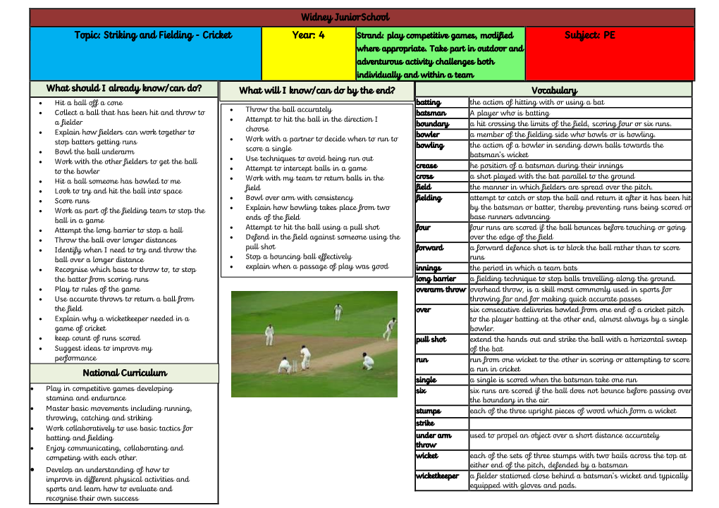 Striking and Fielding - Cricket Year: 4 Strand: Play Competitive Games, Modified Subject: PE Where Appropriate