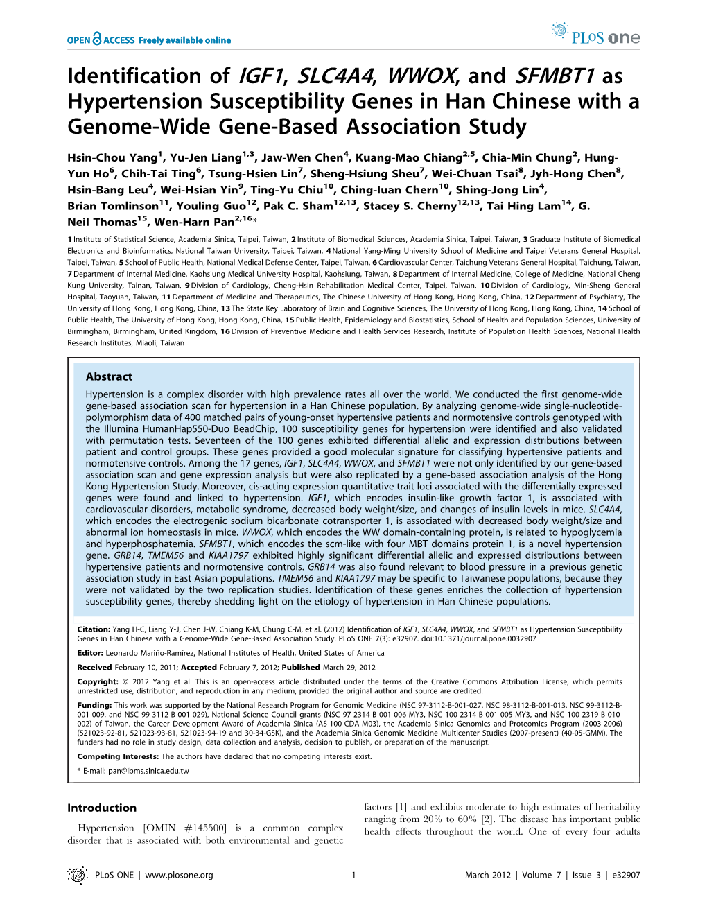 Identification of IGF1, SLC4A4, WWOX, and SFMBT1 As Hypertension Susceptibility Genes in Han Chinese with a Genome-Wide Gene-Based Association Study