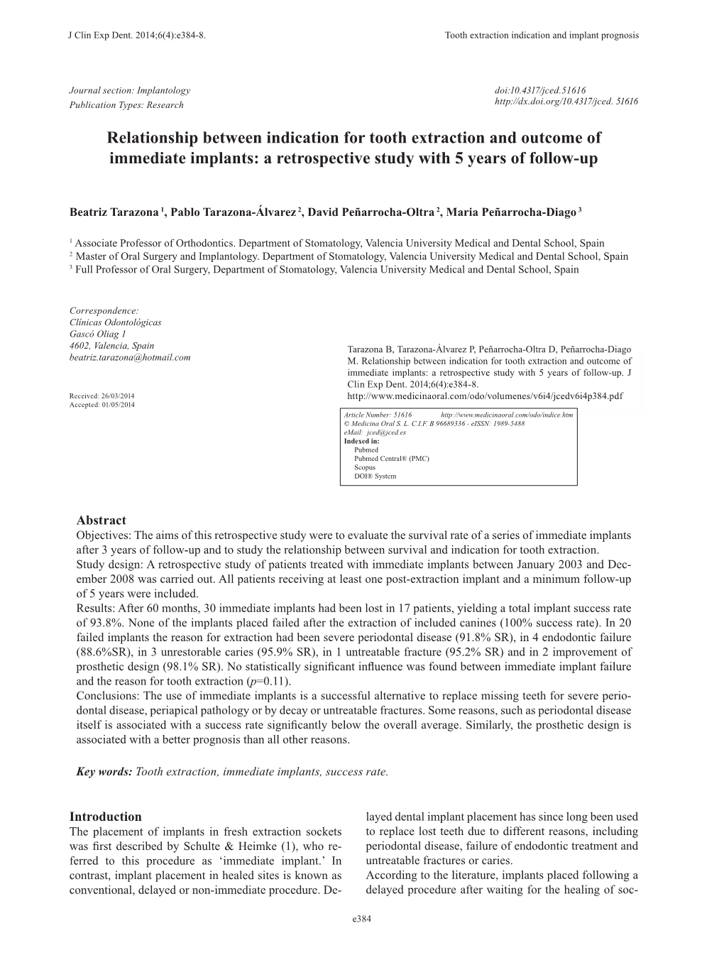 Relationship Between Indication for Tooth Extraction and Outcome of Immediate Implants: a Retrospective Study with 5 Years of Follow-Up