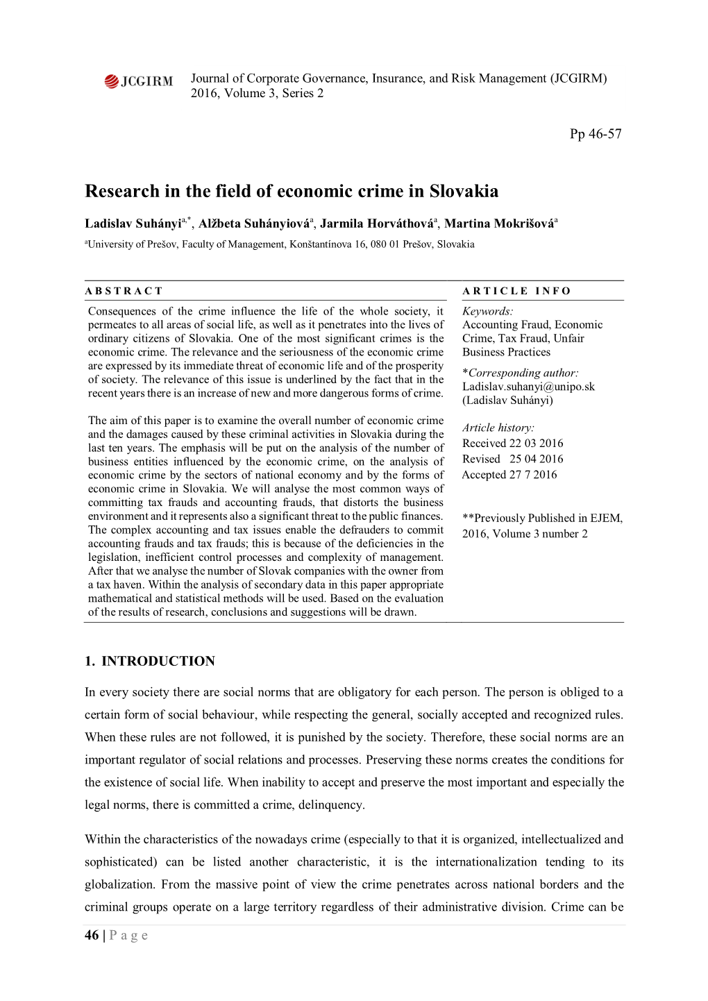 Research in the Field of Economic Crime in Slovakia