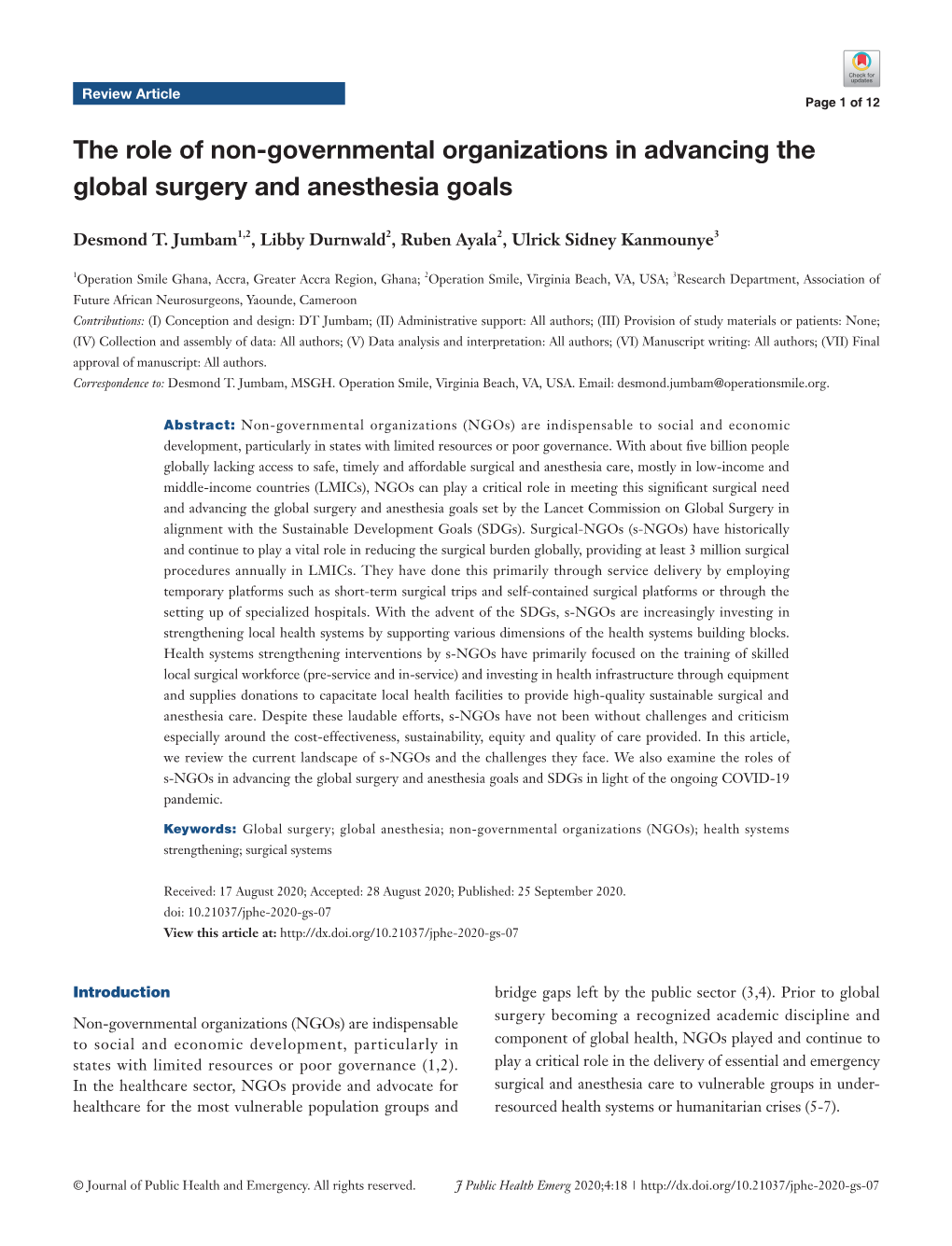 The Role of Non-Governmental Organizations in Advancing the Global Surgery and Anesthesia Goals