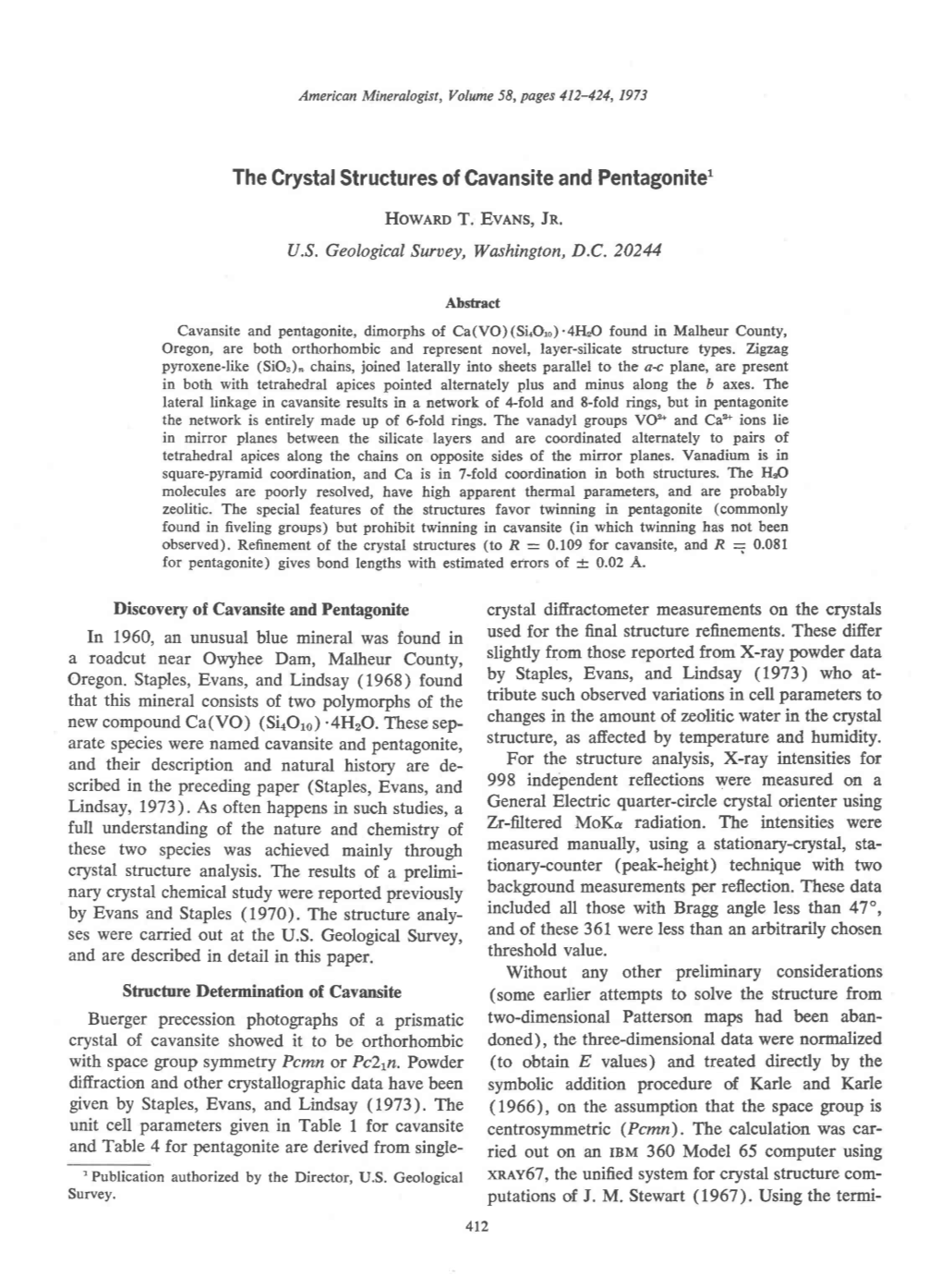 The Crystal Structures of Cavansite and Pentagonite'