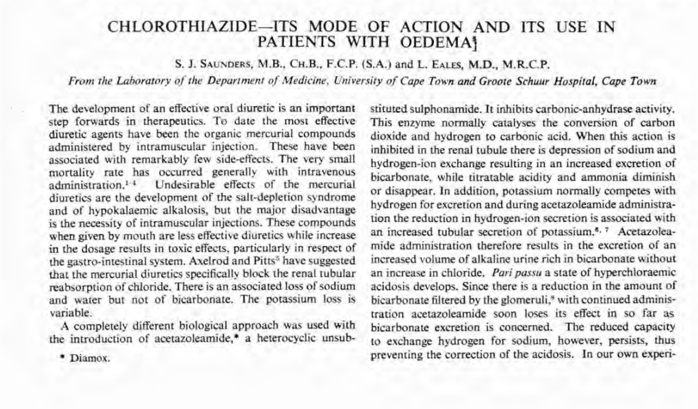 CHLOROTHIAZIDE-ITS MODE of ACTION and ITS USE in PATIENTS with OEDEMA~ S