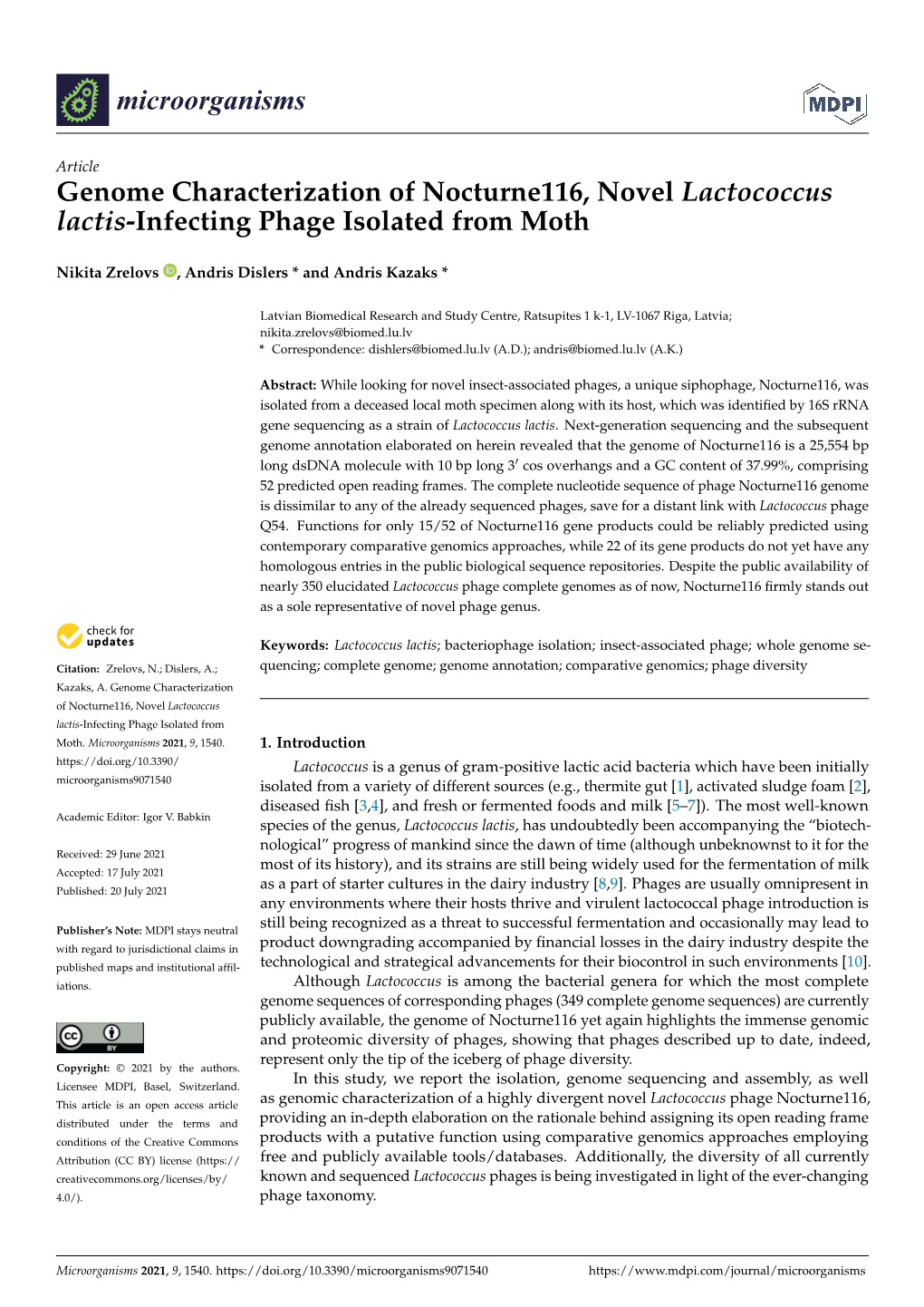 Genome Characterization of Nocturne116, Novel Lactococcus Lactis-Infecting Phage Isolated from Moth