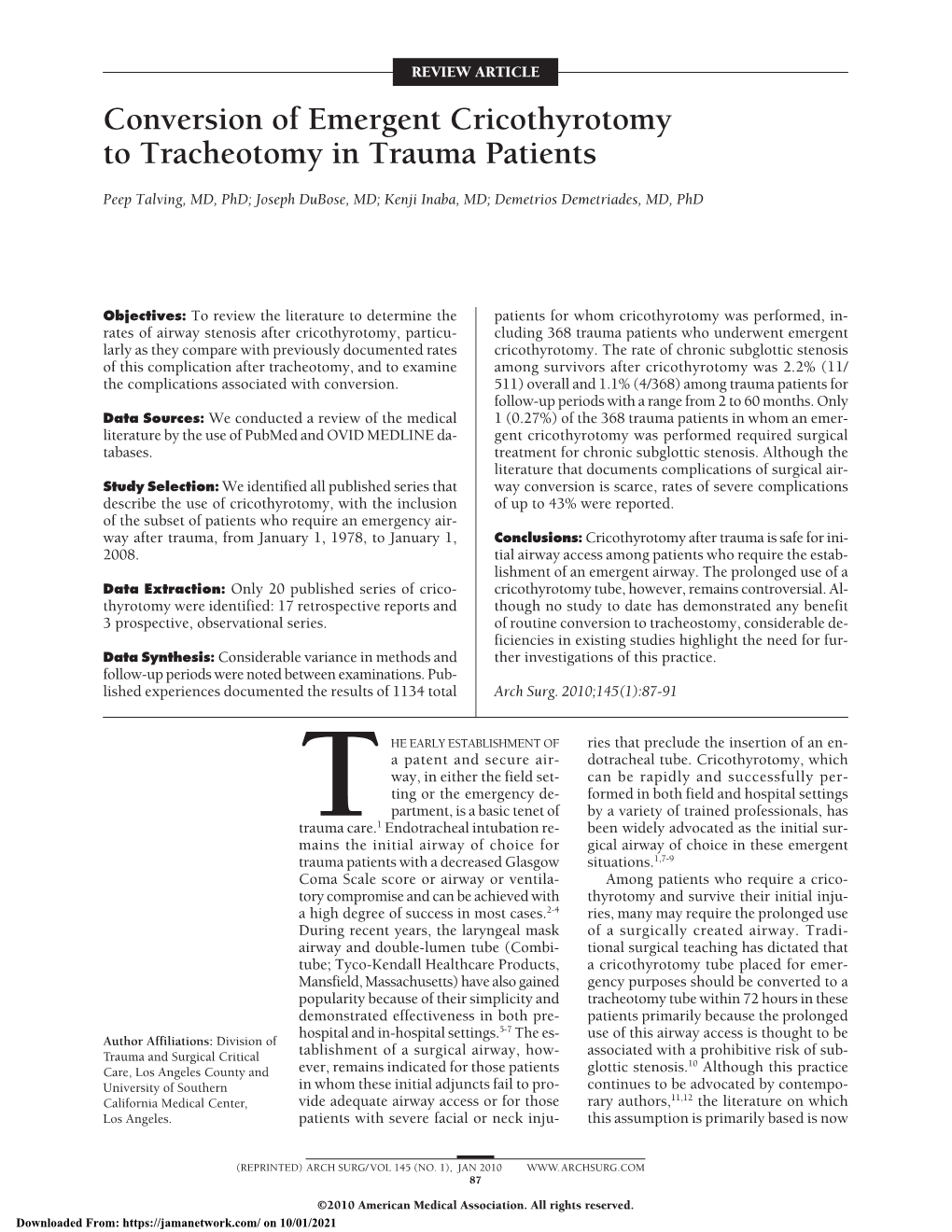 Conversion of Emergent Cricothyrotomy to Tracheotomy in Trauma Patients