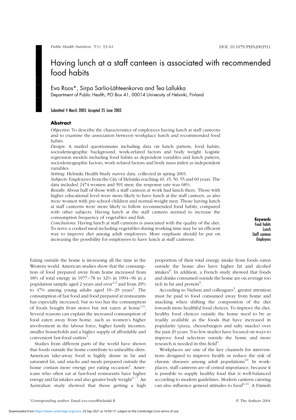 Having Lunch at a Staff Canteen Is Associated with Recommended Food Habits