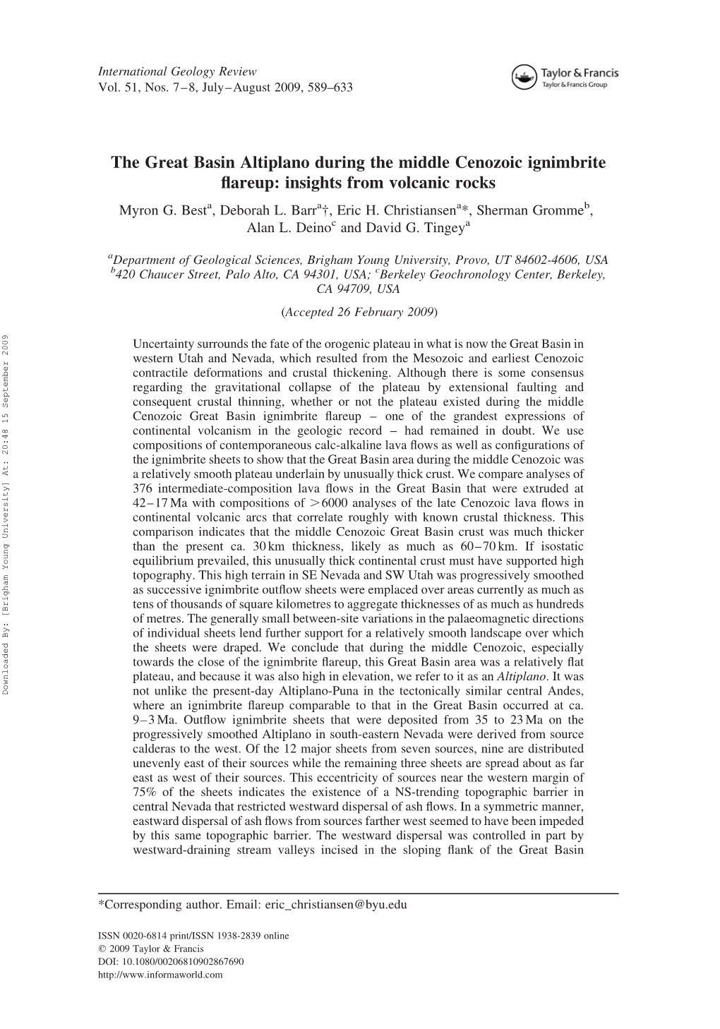 The Great Basin Altiplano During the Middle Cenozoic Ignimbrite Flareup