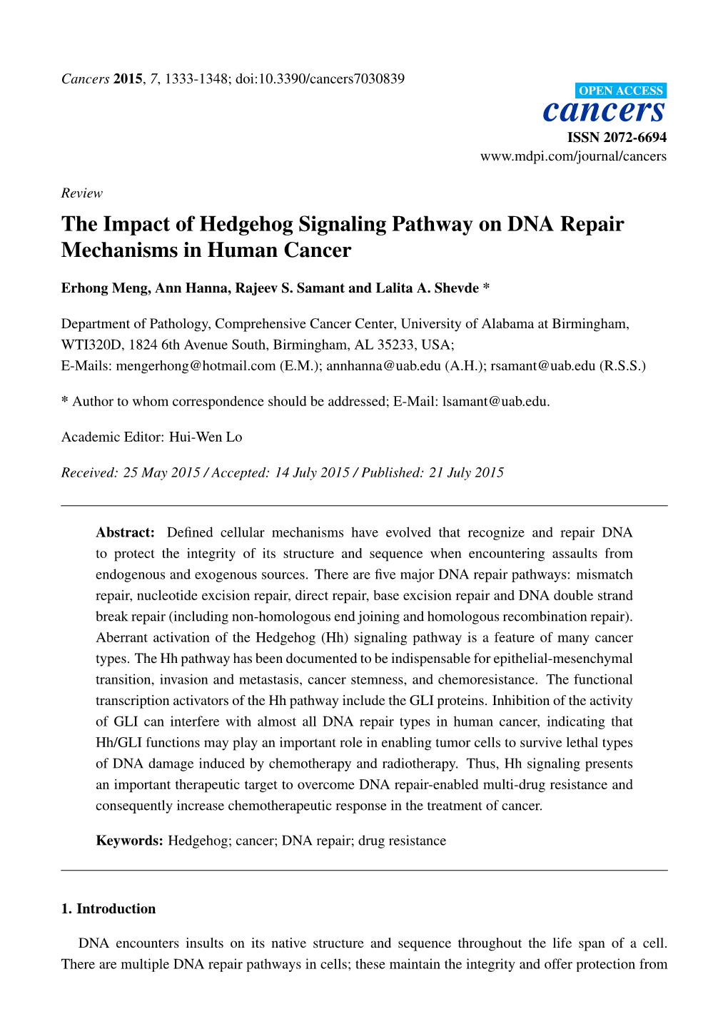 The Impact of Hedgehog Signaling Pathway on DNA Repair Mechanisms in Human Cancer