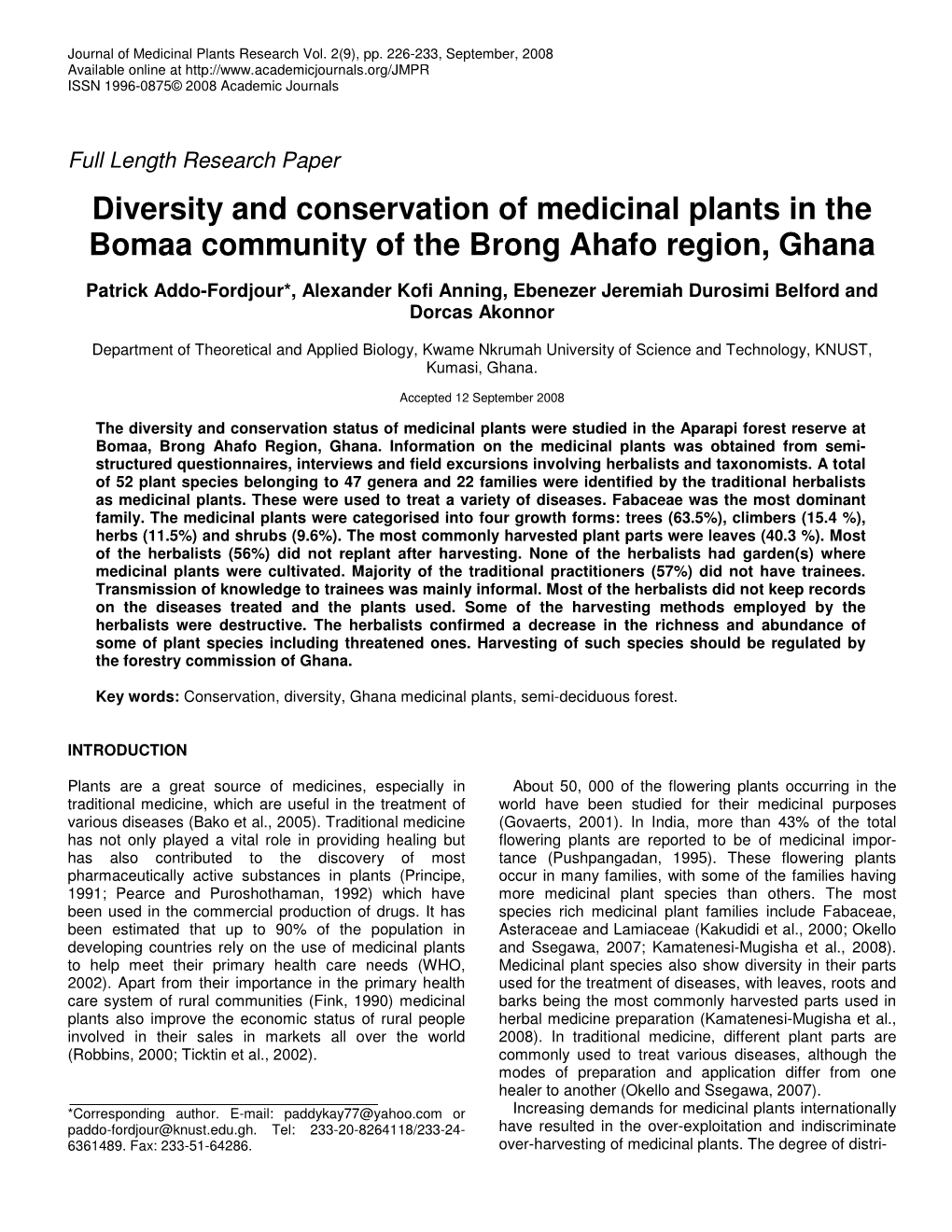 Diversity and Conservation of Medicinal Plants in the Bomaa Community of the Brong Ahafo Region, Ghana