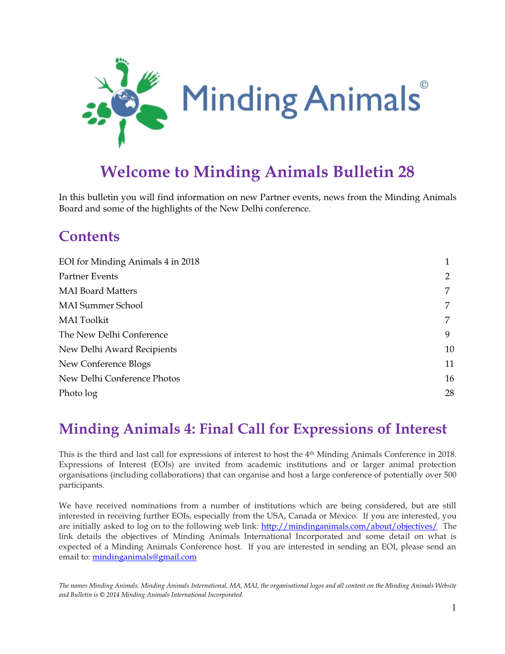 Welcome to Minding Animals Bulletin 28