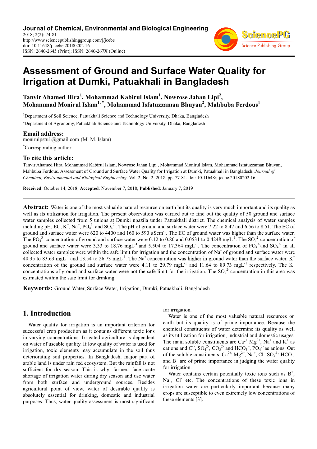 Assessment of Ground and Surface Water Quality for Irrigation at Dumki, Patuakhali in Bangladesh