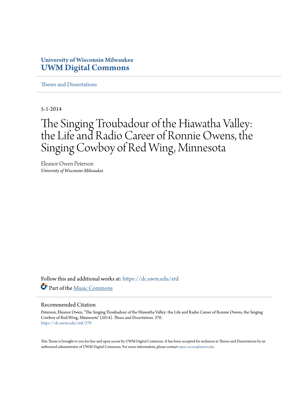 The Singing Troubadour of the Hiawatha Valley: the Life and Radio Career of Ronnie Owens, the Singing Cowboy of Red Wing, Minnesota