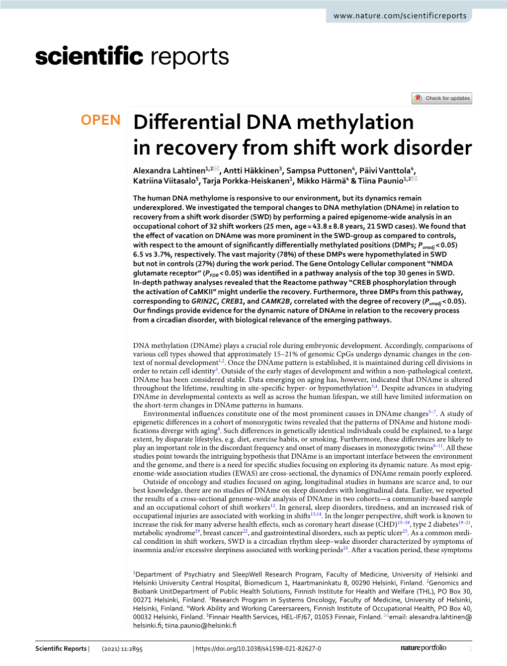 Differential DNA Methylation in Recovery from Shift Work Disorder