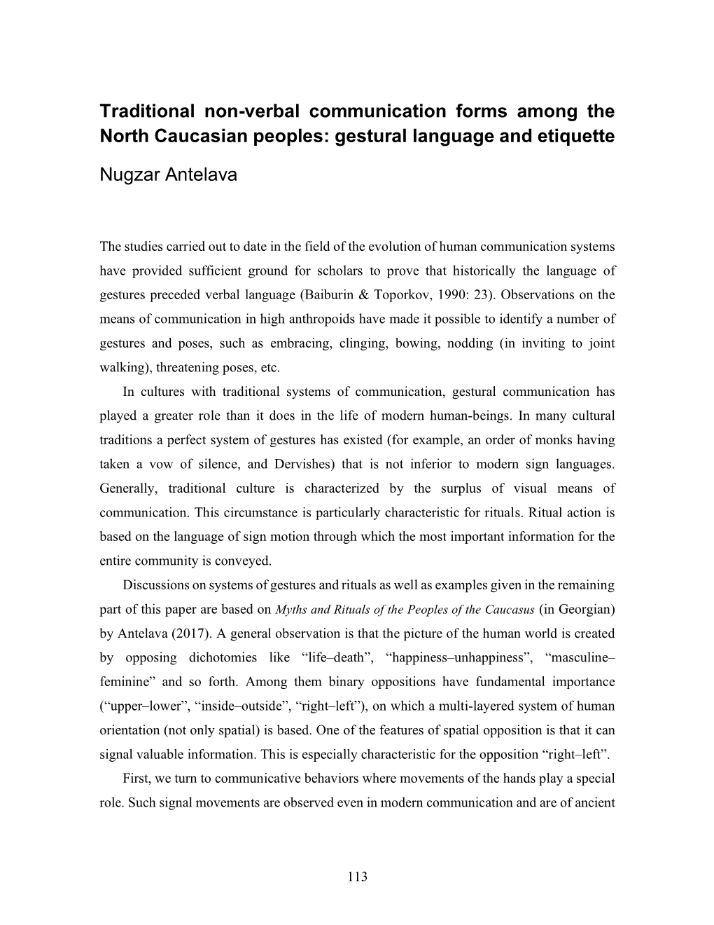 Traditional Non-Verbal Communication Forms Among the North Caucasian Peoples: Gestural Language and Etiquette