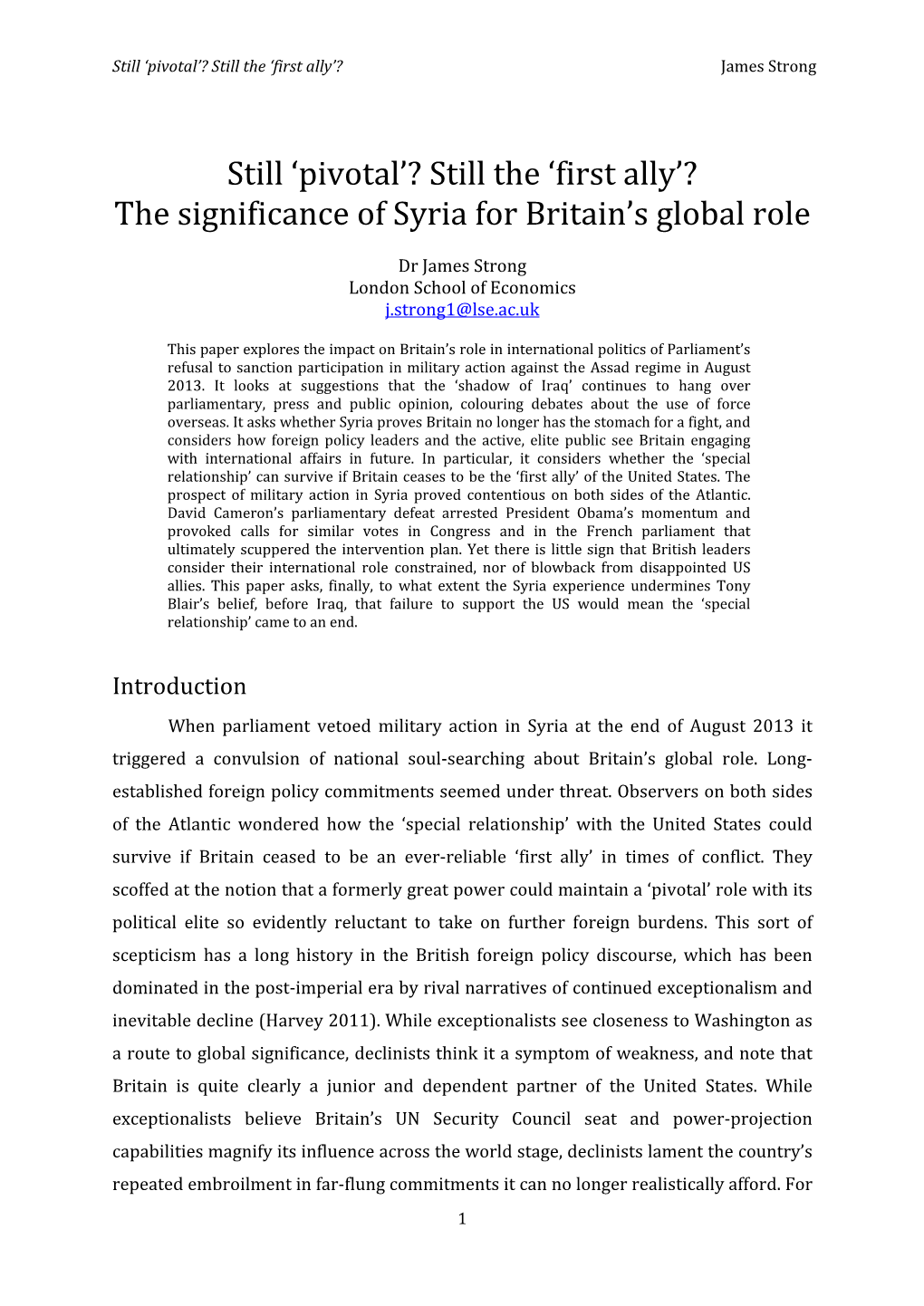 Still 'Pivotal'? Still the 'First Ally'? the Significance of Syria for Britain's