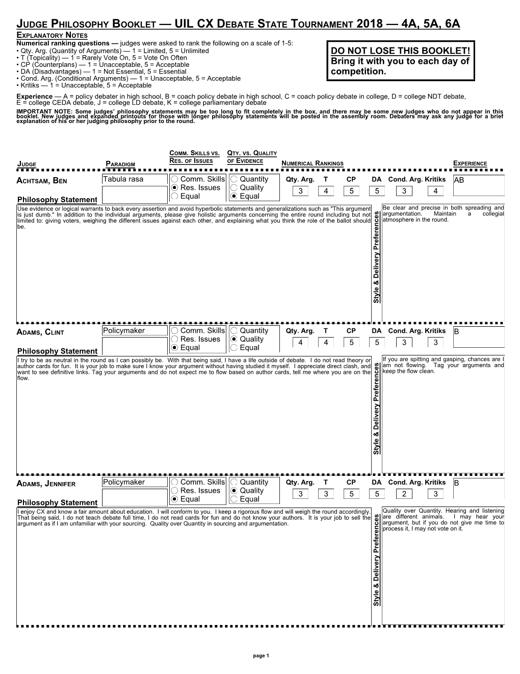 Judge Philosophy Booklet — Uil Cx Debate State Tournament 2018 — 4A, 5A, 6A