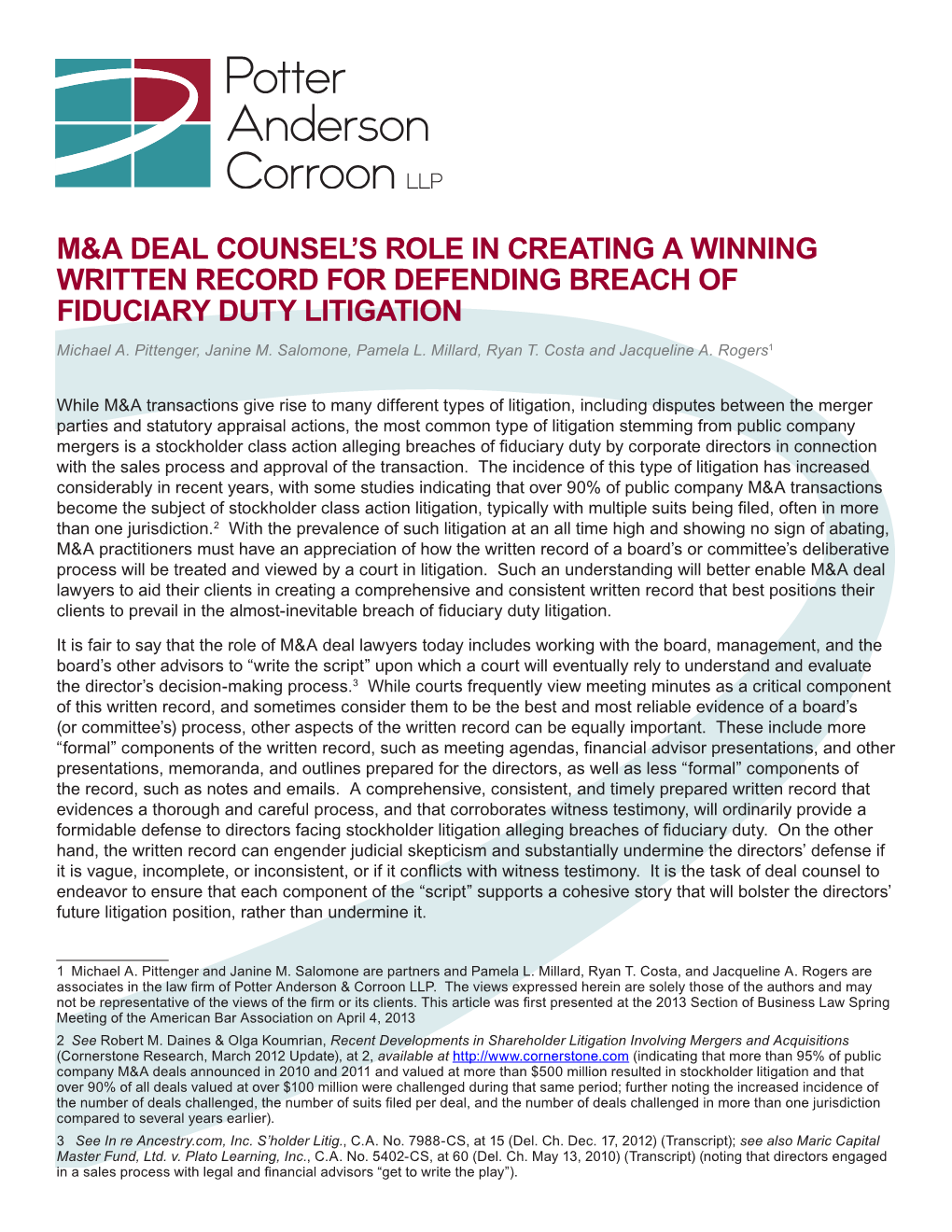 M&A Deal Counsel's Role in Creating a Winning Written