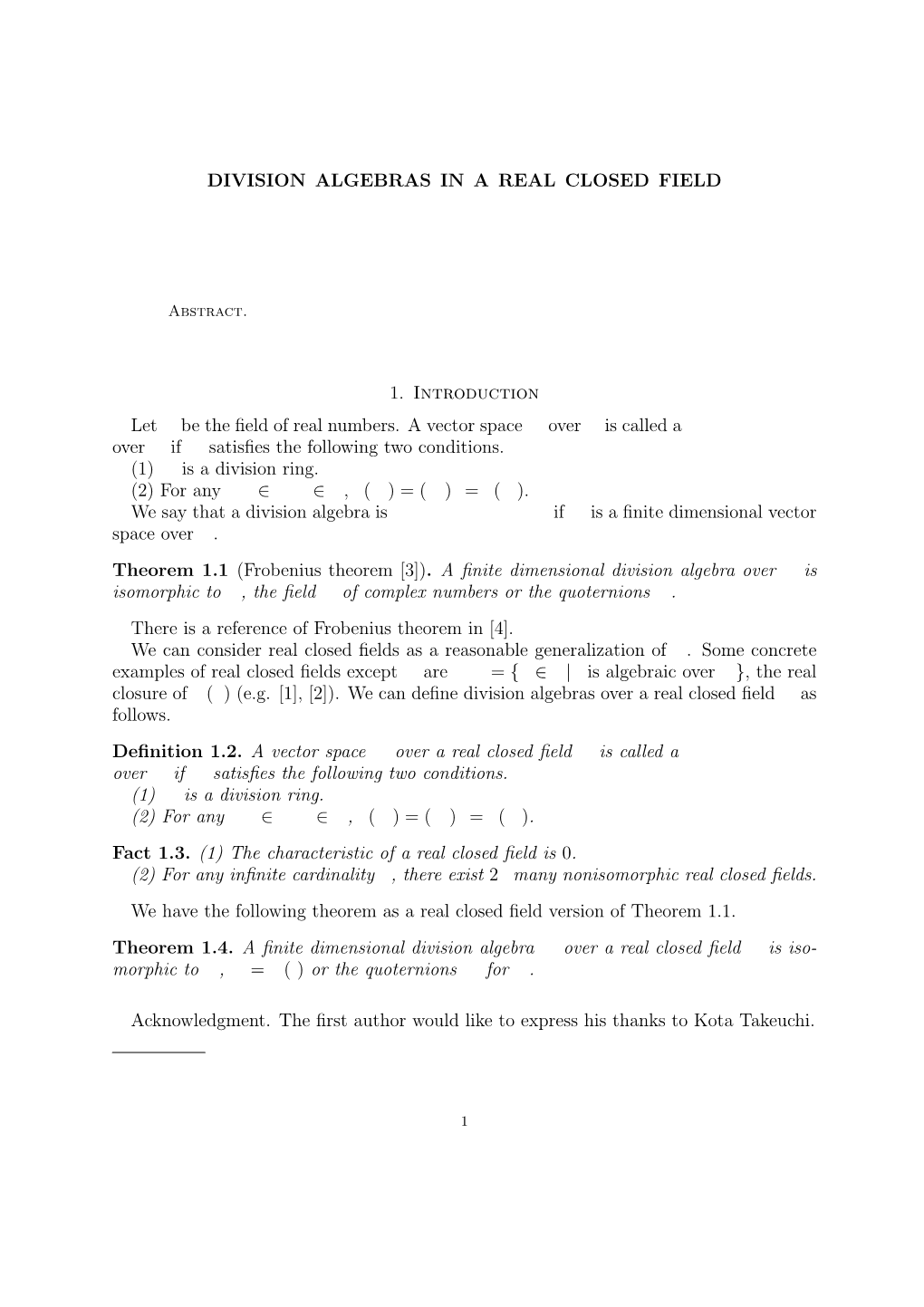 Division Algebras in a Real Closed Field