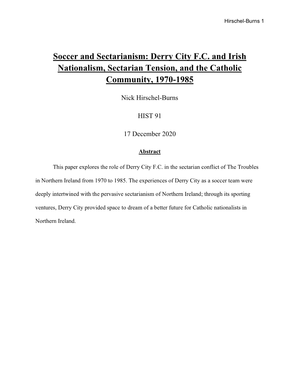 Derry City FC and Irish Nationalism, Sectarian Tension, and the Catholic