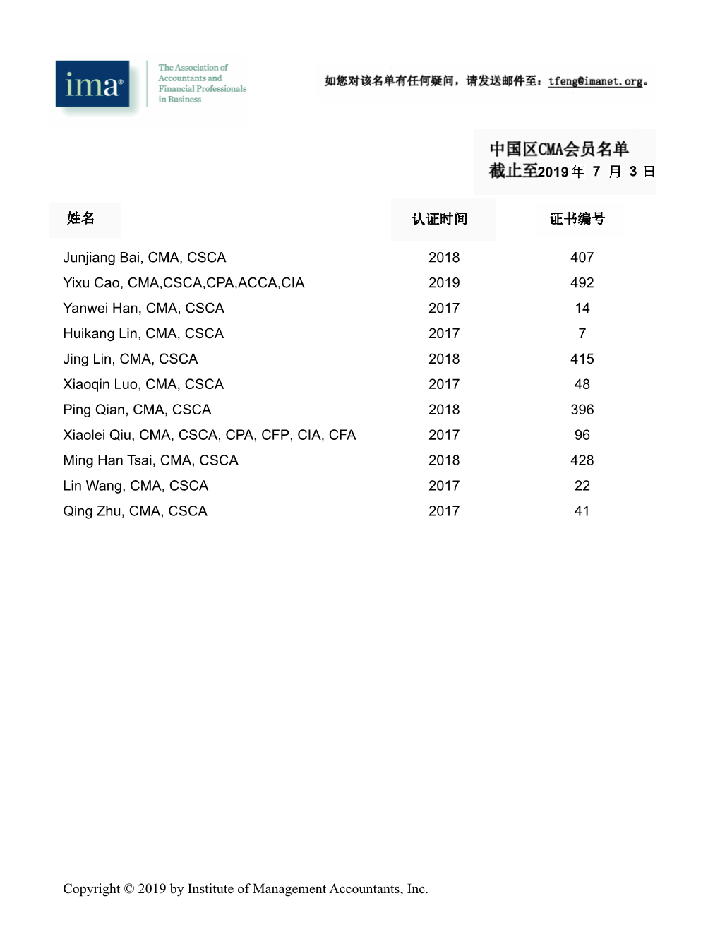 3 7 2019 407 Junjiang Bai, CMA, CSCA 2018 492 Yixu Cao, CMA