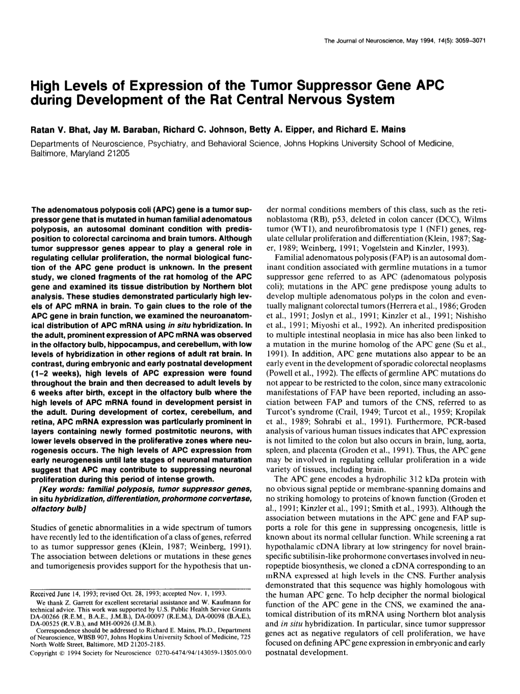 High Levels of Expression of the Tumor Suppressor Gene During