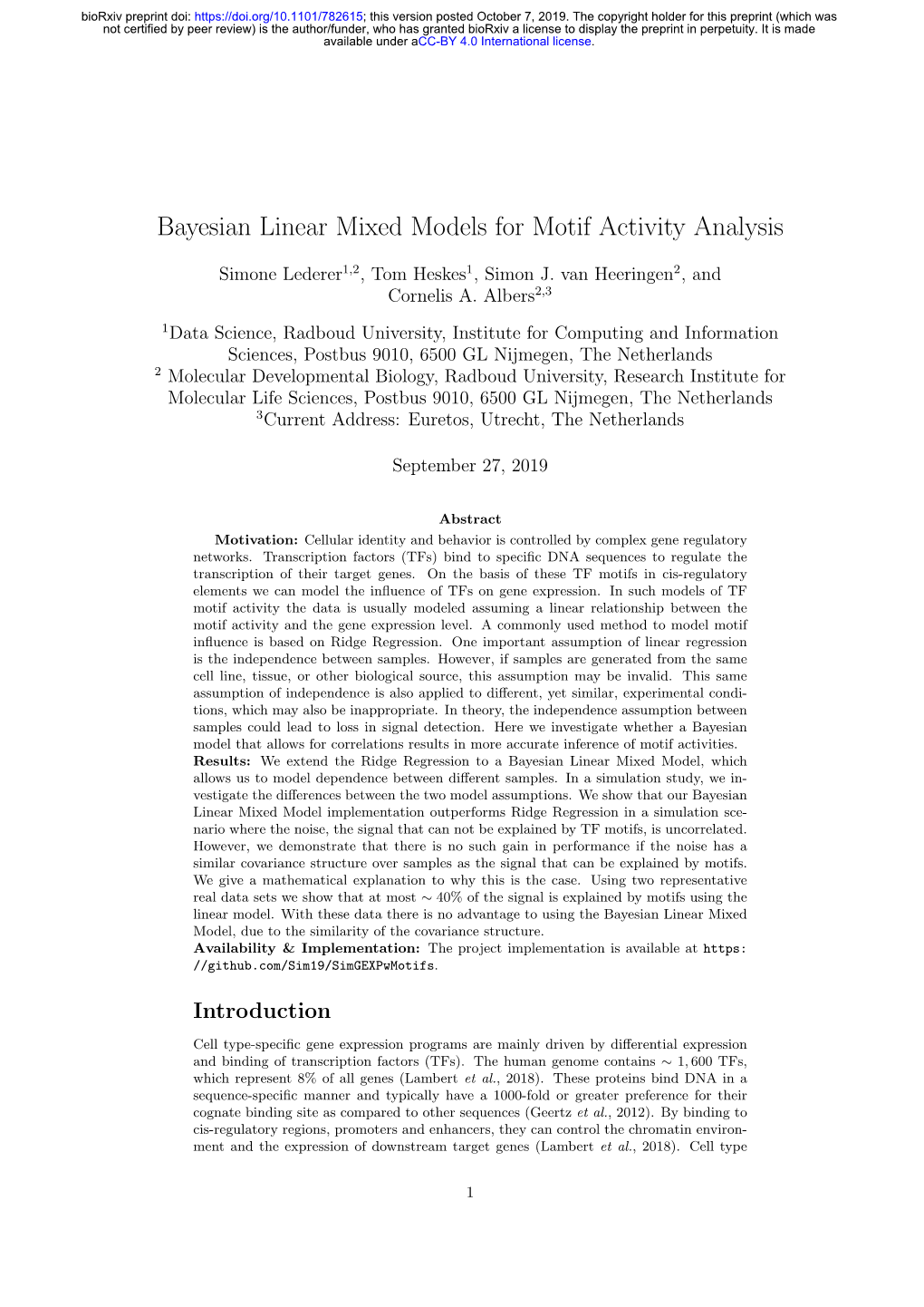 Bayesian Linear Mixed Models for Motif Activity Analysis
