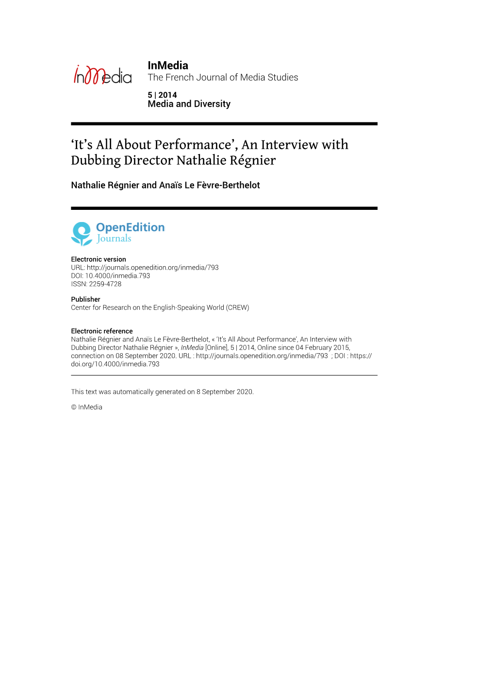 Inmedia, 5 | 2014 ‘It’S All About Performance’, an Interview with Dubbing Director Nathalie Rég