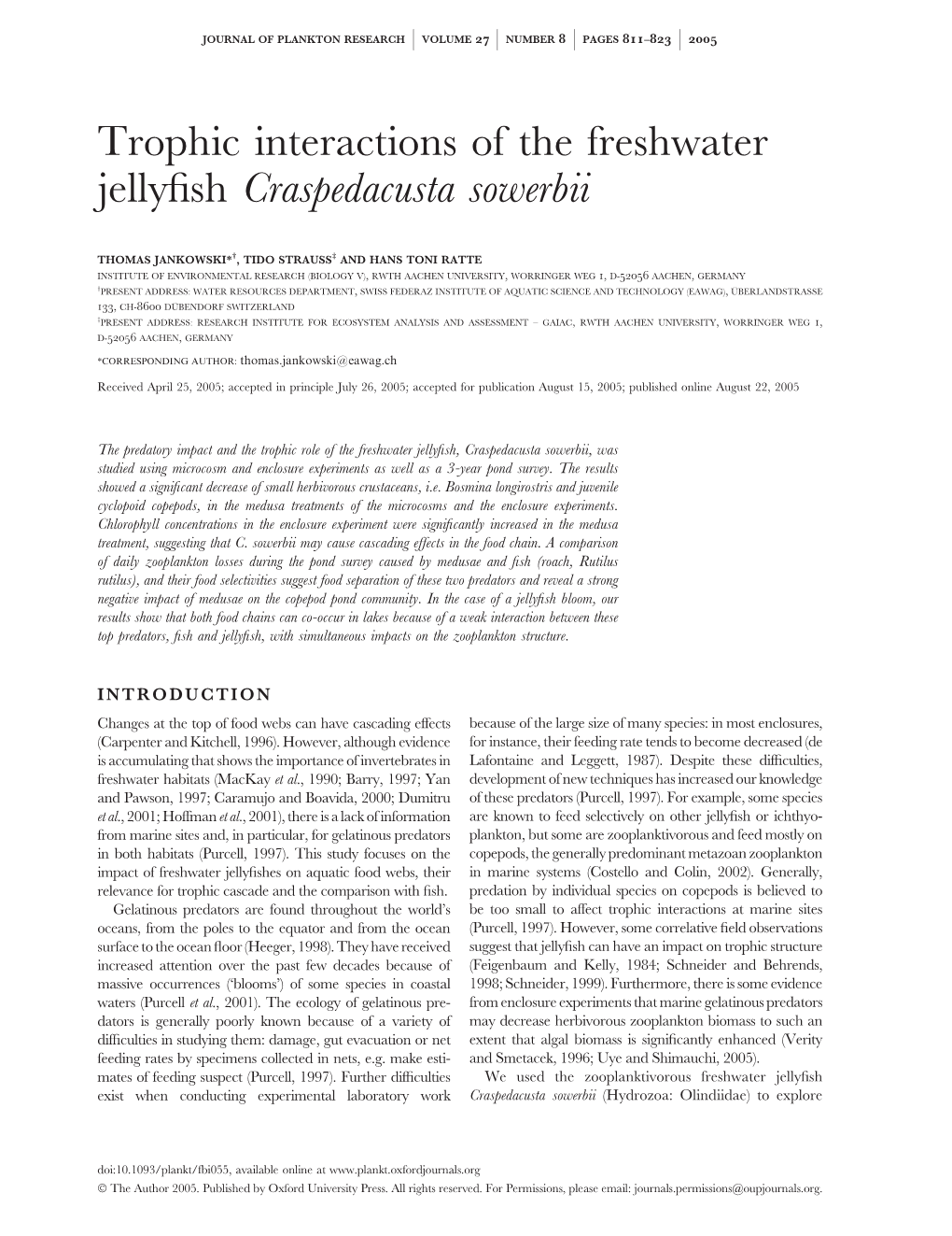 Trophic Interactions of the Freshwater Jellyfish Craspedacusta Sowerbii