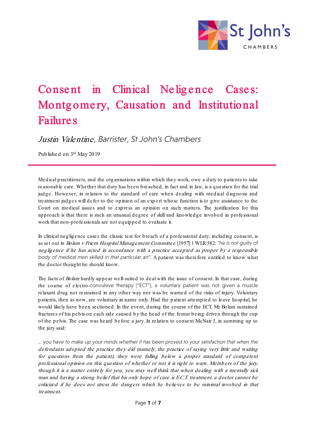 Consent in Clinical Neligence Cases: Montgomery, Causation and Institutional Failures