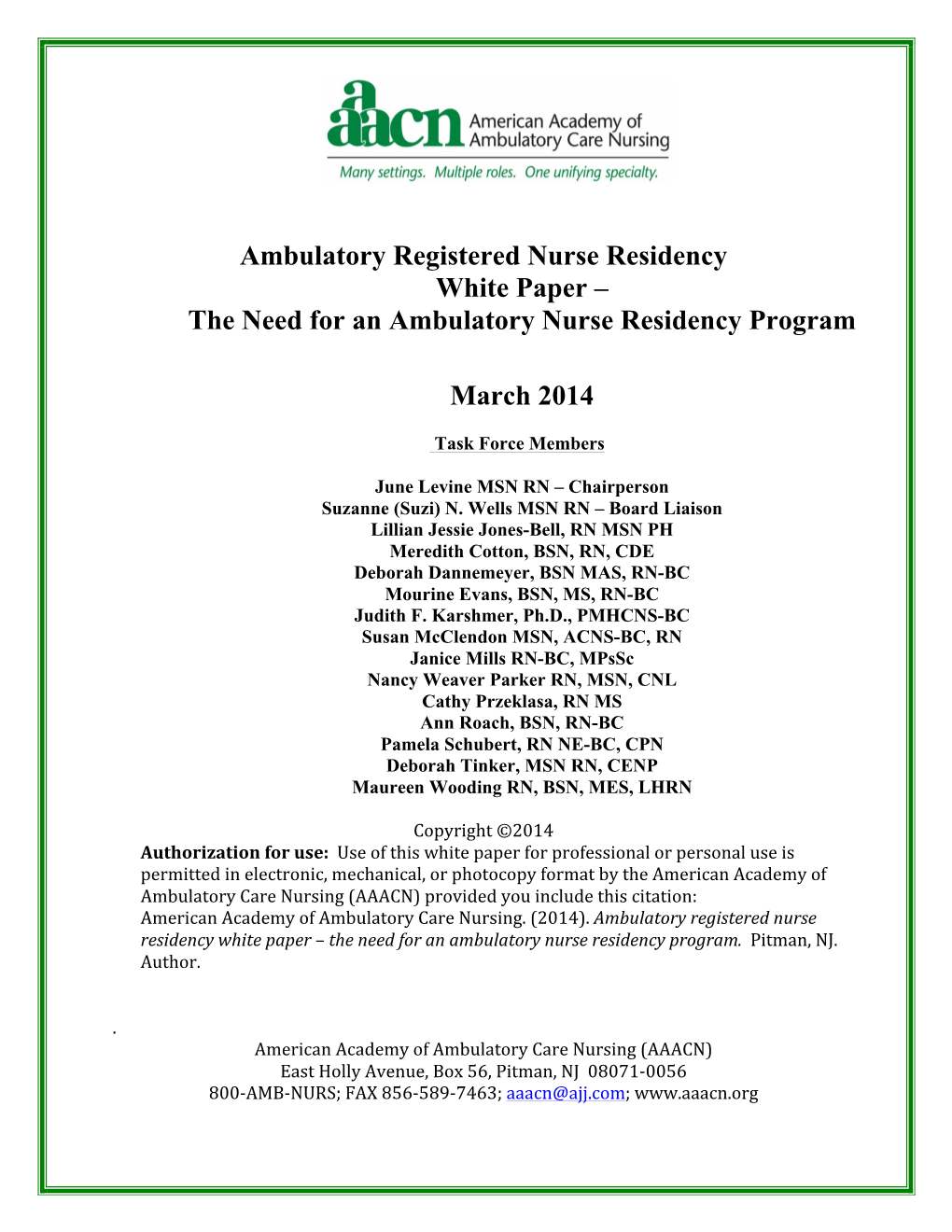 Ambulatory Registered Nurse Residency White Paper – the Need for an Ambulatory Nurse Residency Program