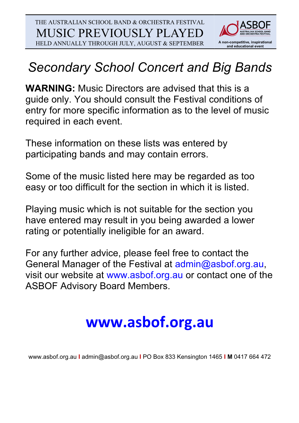 Secondary School Concert and Big Bands WARNING