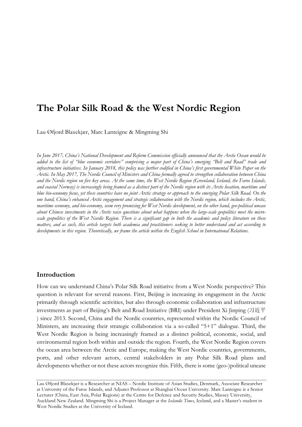 The Polar Silk Road & the West Nordic Region