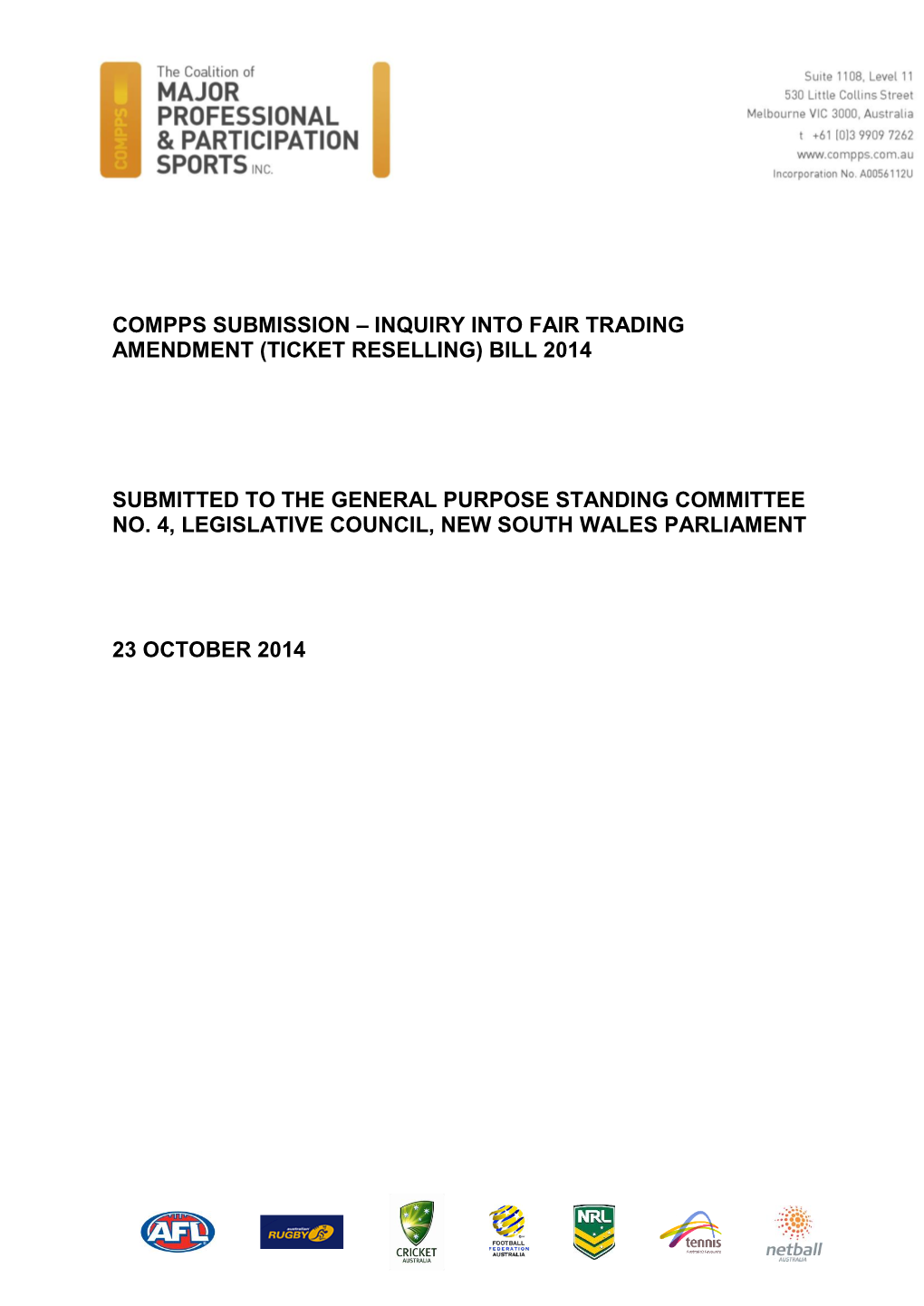 COMPPS Submission to the Inquiry Into Fair Trading Amendment